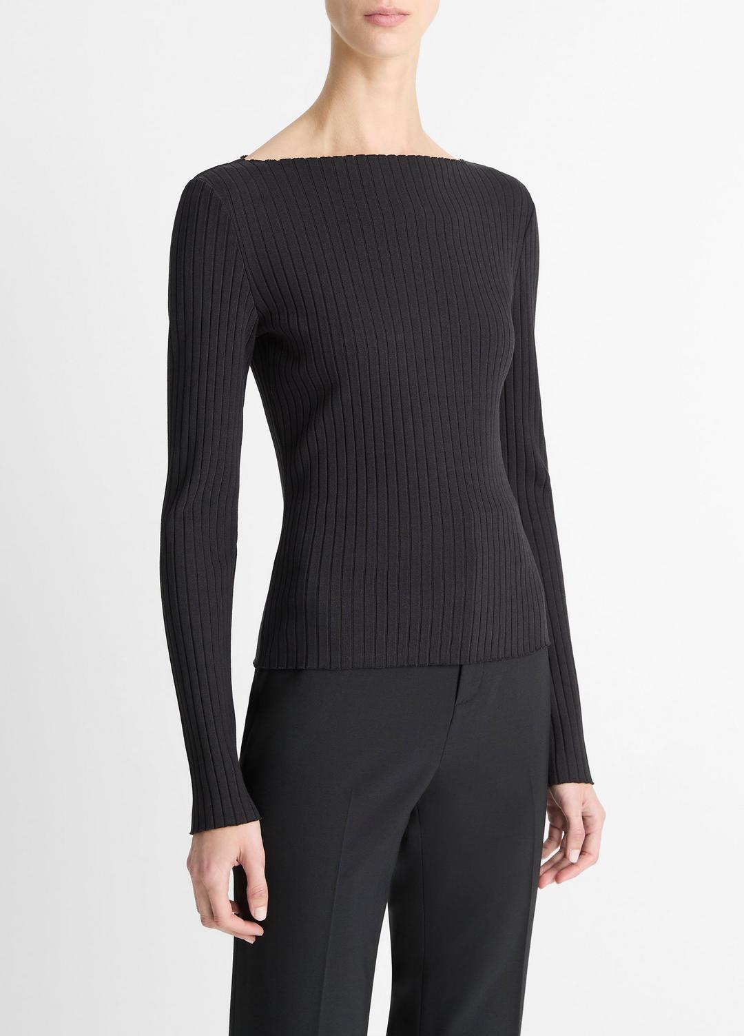 Ribbed Cotton-Blend Slash-Neck Long-Sleeve Top in Long Sleeve