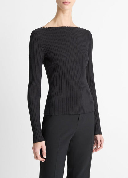 Ribbed Cotton-Blend Slash-Neck Long-Sleeve Top in Long Sleeve