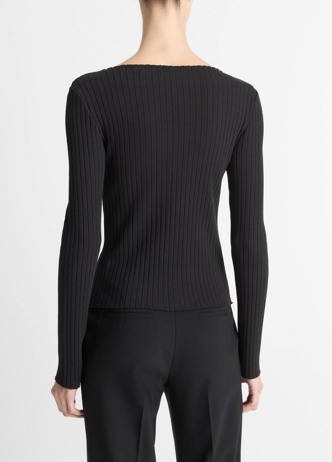 Ribbed Cotton-Blend Slash-Neck Long-Sleeve Top in Long Sleeve