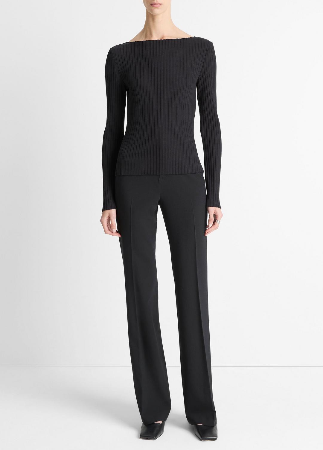 Ribbed Cotton-Blend Slash-Neck Long-Sleeve Top in Long Sleeve