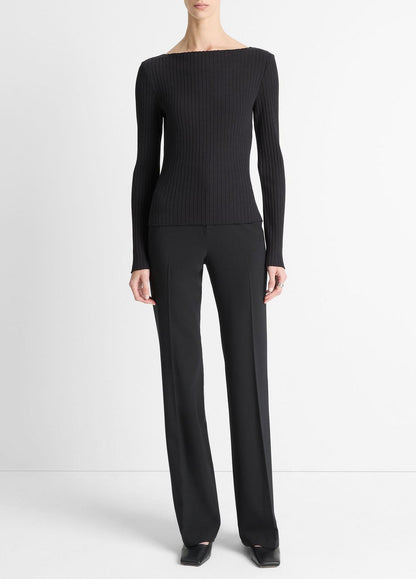 Ribbed Cotton-Blend Slash-Neck Long-Sleeve Top in Long Sleeve