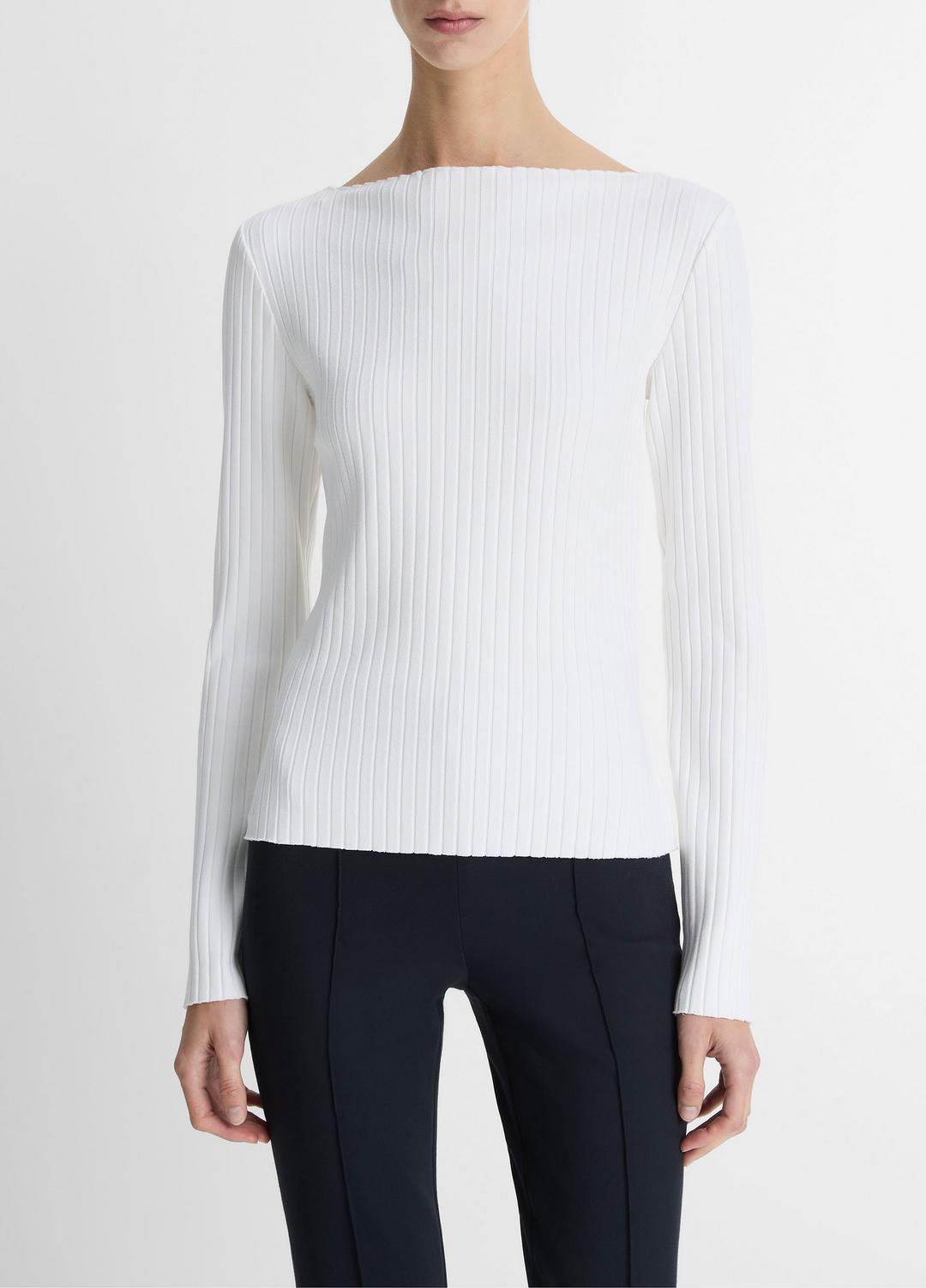 Ribbed Cotton-Blend Slash-Neck Long-Sleeve Top in Long Sleeve