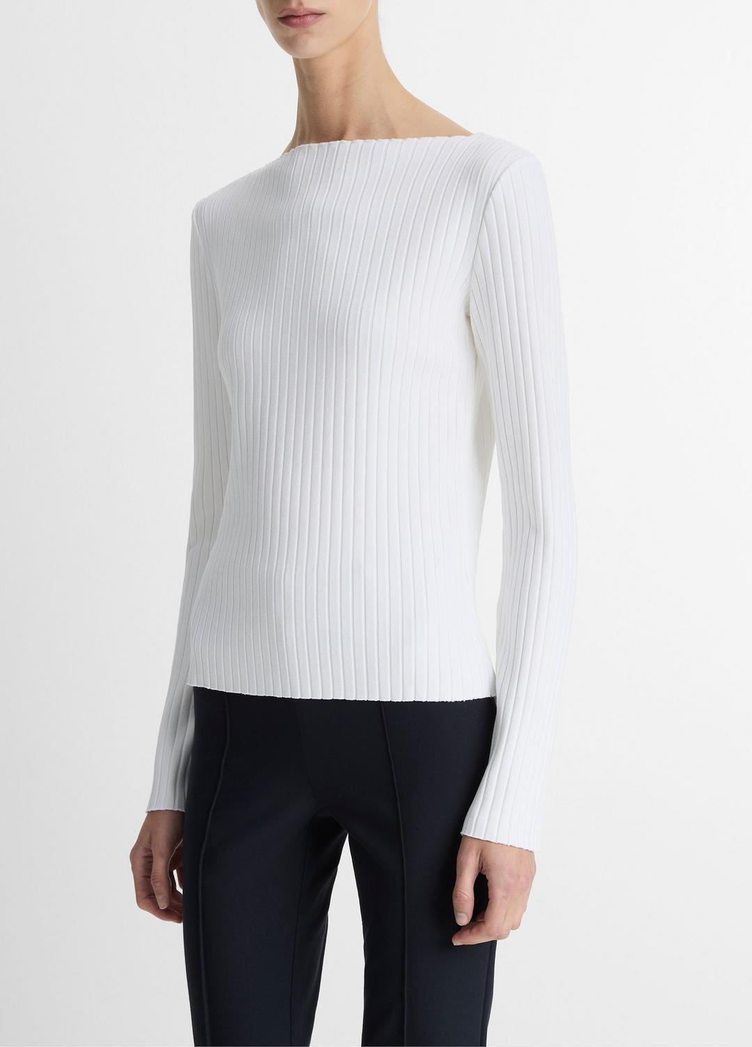 Ribbed Cotton-Blend Slash-Neck Long-Sleeve Top in Long Sleeve