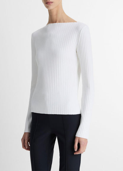 Ribbed Cotton-Blend Slash-Neck Long-Sleeve Top in Long Sleeve