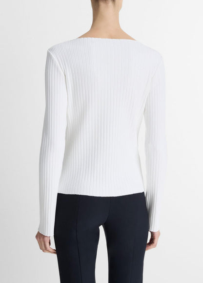 Ribbed Cotton-Blend Slash-Neck Long-Sleeve Top in Long Sleeve