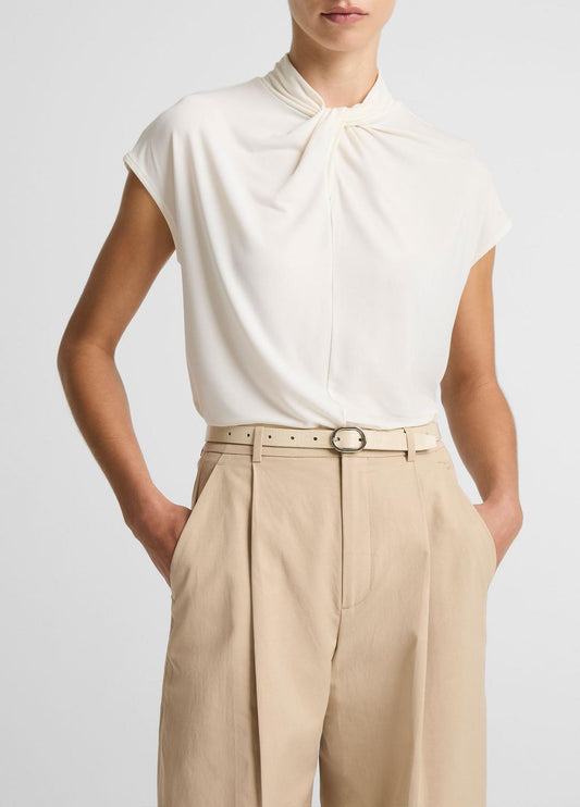 Twist-Neck Matte Jersey Cap-Sleeve Top  in Short Sleeve