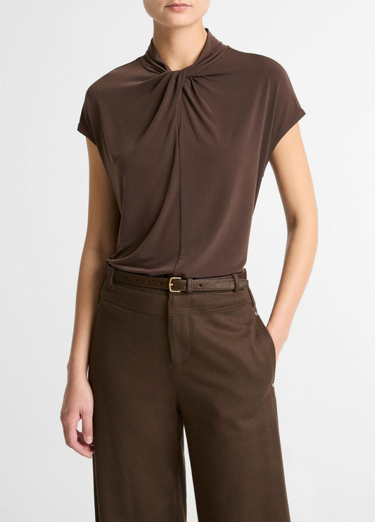 Twist-Neck Matte Jersey Cap-Sleeve Top  in Short Sleeve