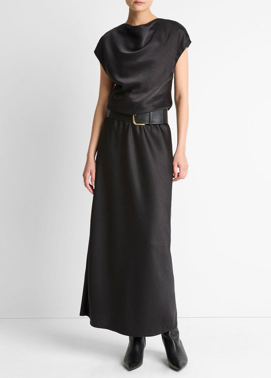 Draped Satin Cowl-Neck Dress in Dresses