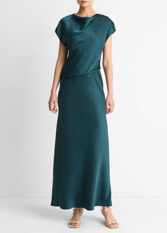 Draped Satin Cowl-Neck Dress in Dresses