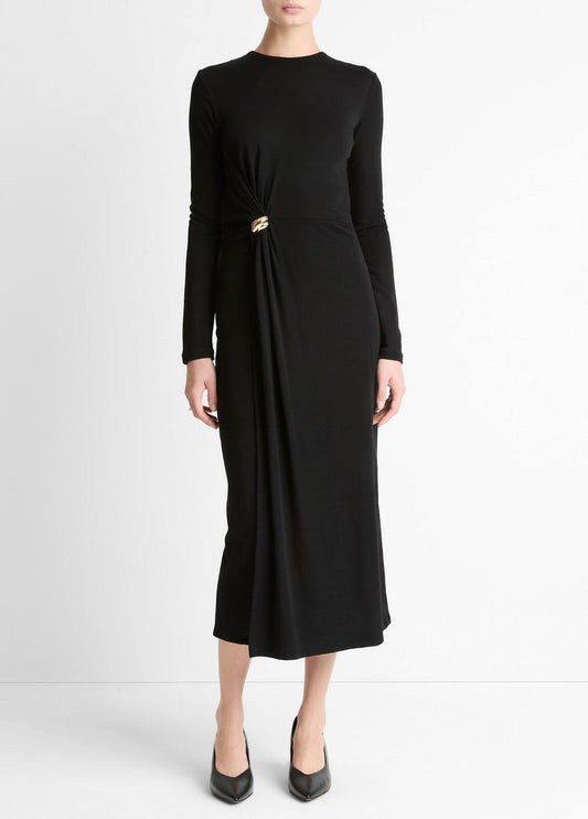 Cinched-Waist Wool-Blend Long-Sleeve Dress in Dresses