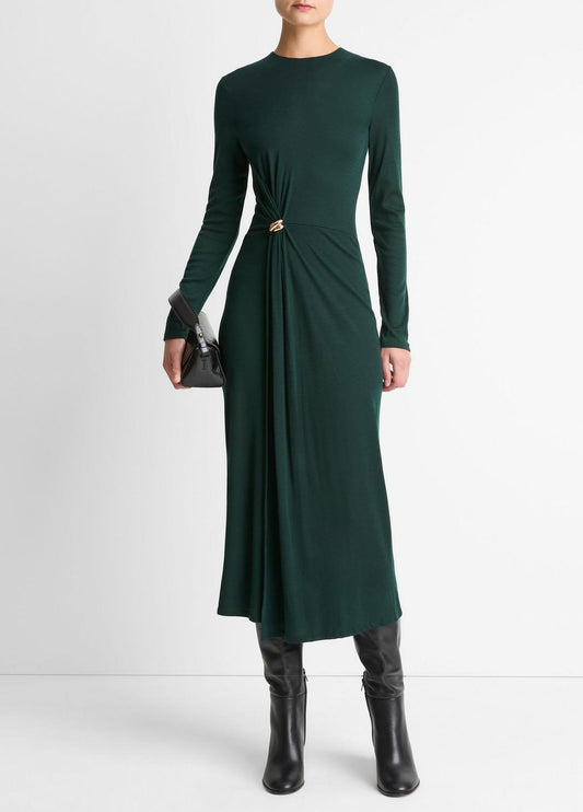 Cinched-Waist Wool-Blend Long-Sleeve Dress in Dresses