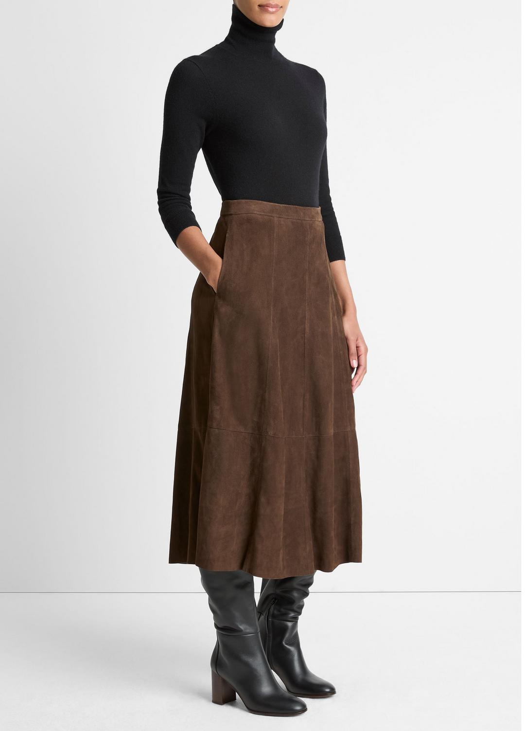 Suede Mid-Rise Flared Skirt in Skirts