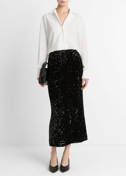 Sequined Velvet Column Skirt in Skirts