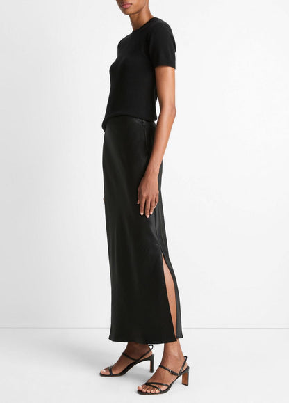 Satin Side-Slit Slip Skirt in Skirts