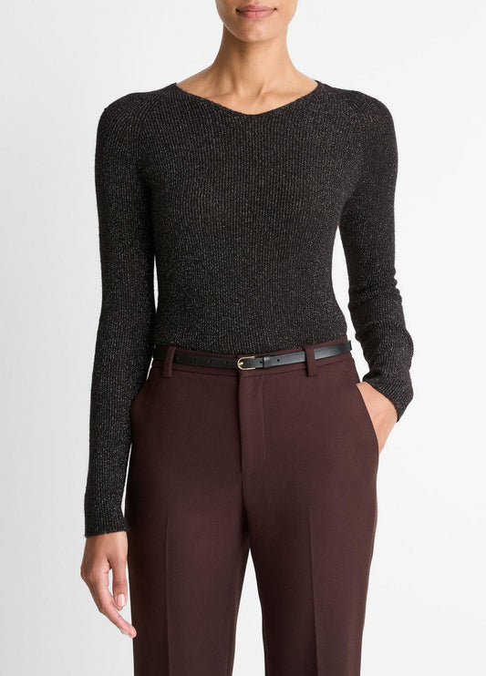 Metallic Ribbed High V-Neck Sweater in Vince Products Women