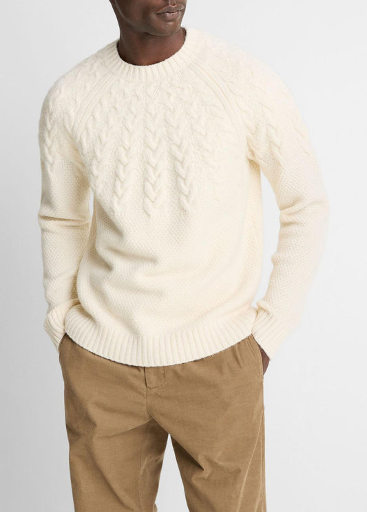 Airspun Merino Wool Cable-Yoke Sweater in Crew Neck