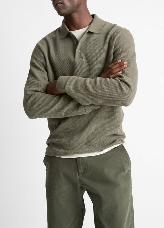 Basket-Weave Cotton Long-Sleeve Polo Shirt in Henleys & Polos
