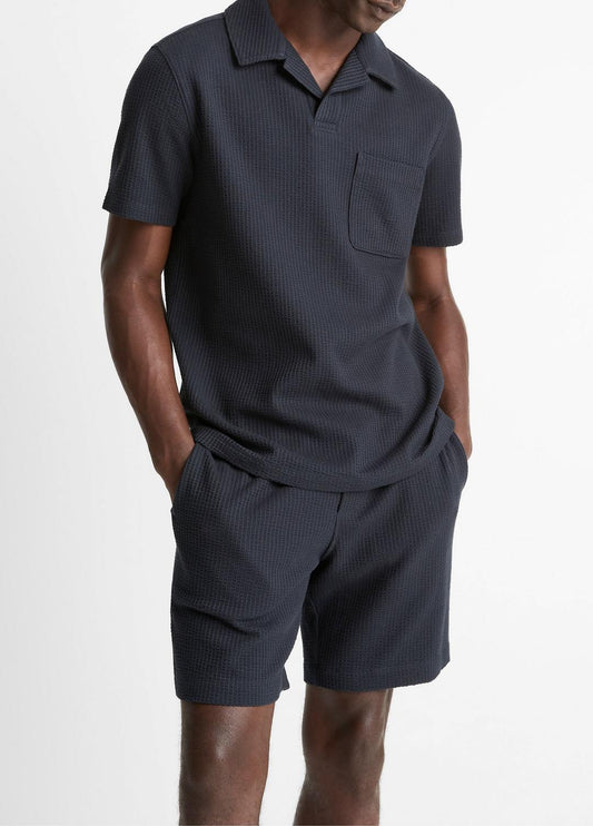 Seersucker-Knit Stretch-Cotton Short-Sleeve Johnny-Collar Shirt in Short Sleeve
