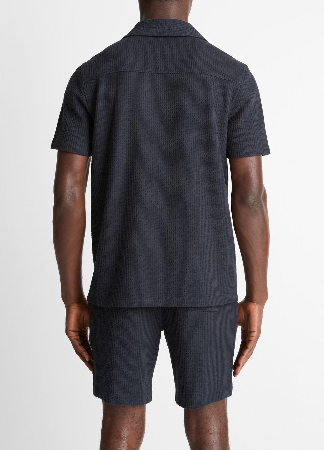 Seersucker-Knit Stretch-Cotton Short-Sleeve Johnny-Collar Shirt in Short Sleeve