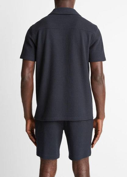 Seersucker-Knit Stretch-Cotton Short-Sleeve Johnny-Collar Shirt in Short Sleeve
