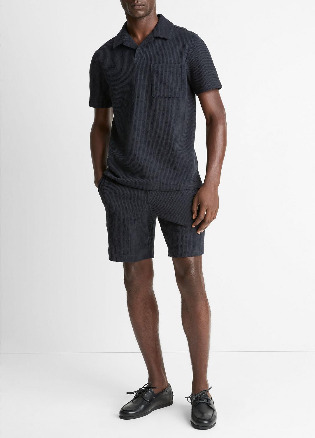 Seersucker-Knit Stretch-Cotton Short-Sleeve Johnny-Collar Shirt in Short Sleeve