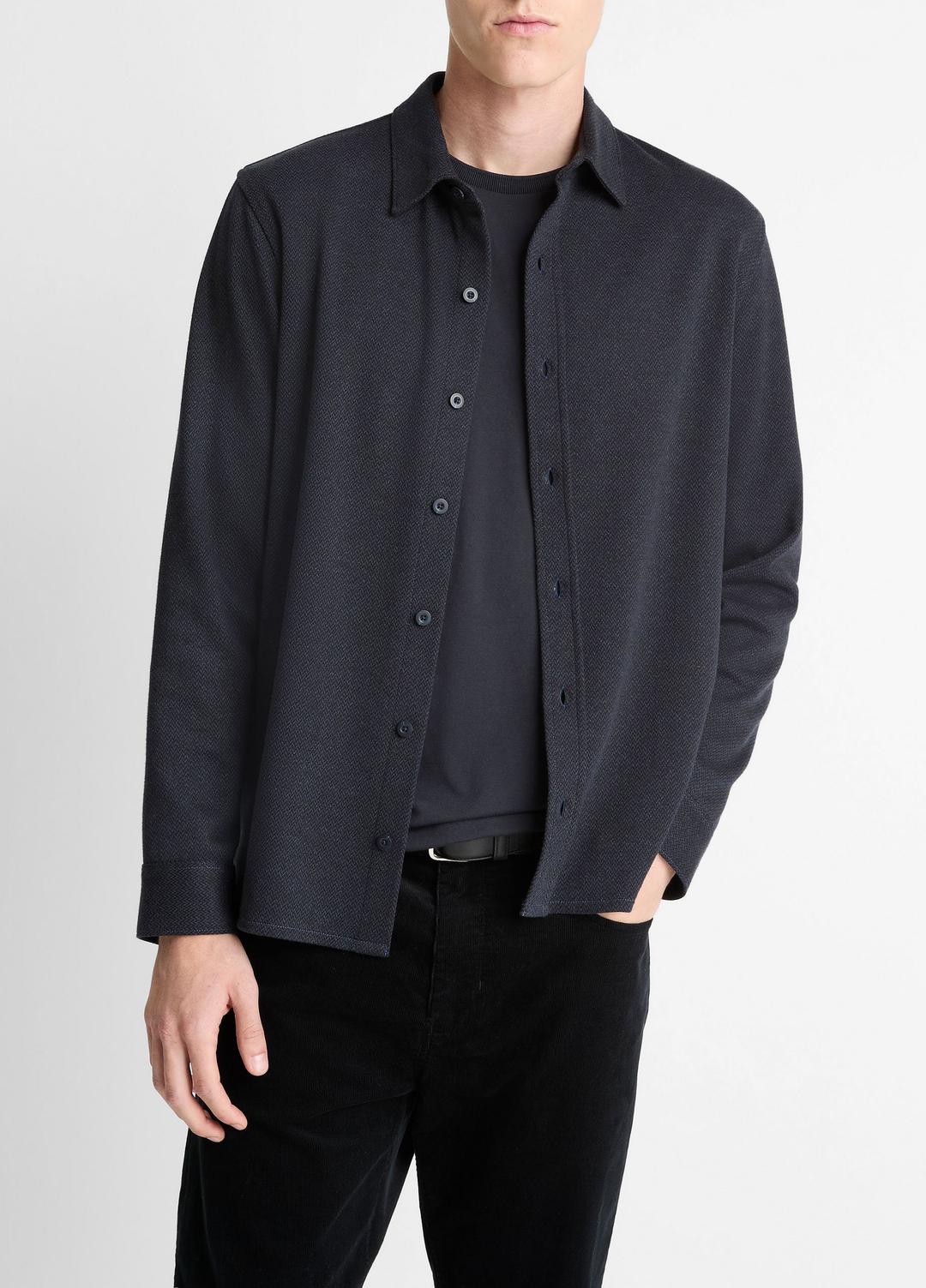 Herringbone Cotton-Blend Button-Front Shirt in Long Sleeve