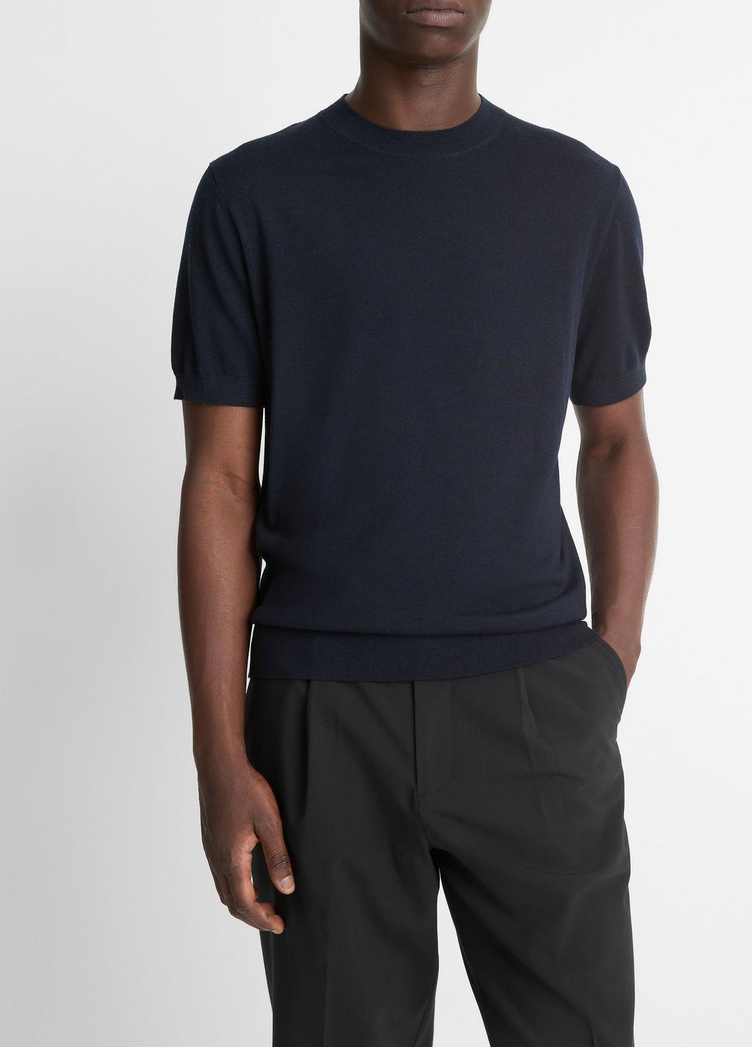 Featherweight Merino Wool-Cashmere Short-Sleeve Sweater in Crew Neck