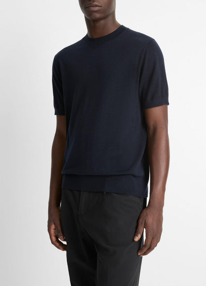 Featherweight Merino Wool-Cashmere Short-Sleeve Sweater in Crew Neck
