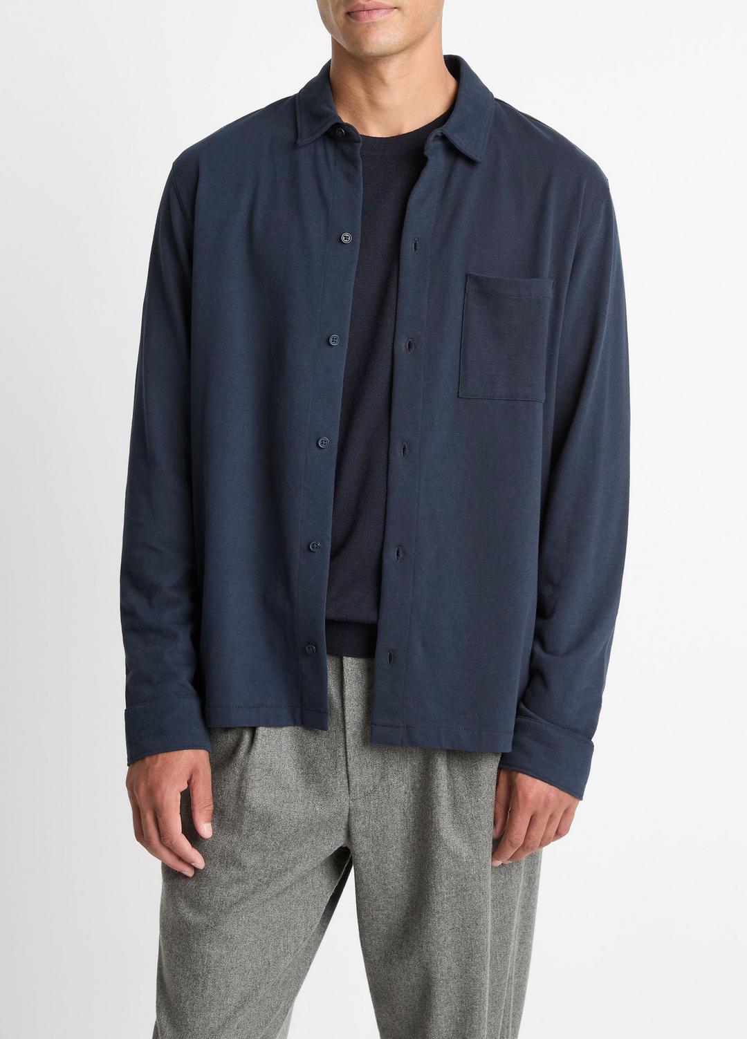 Sueded Cotton Jersey Button-Front Shirt in Long Sleeve