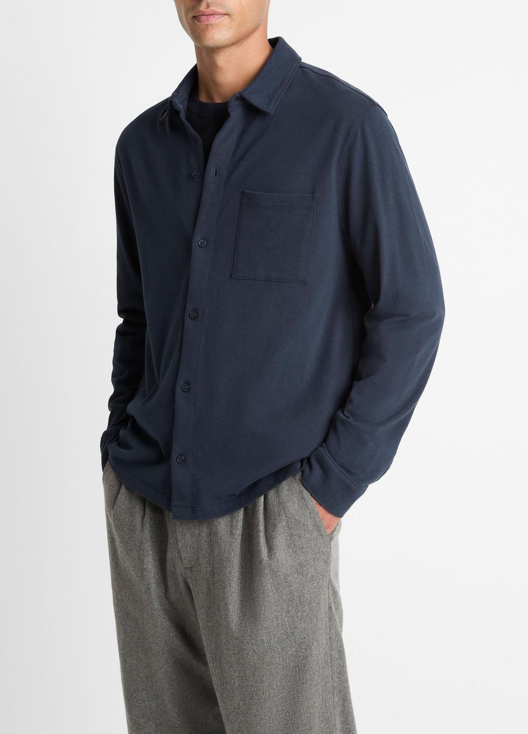 Sueded Cotton Jersey Button-Front Shirt in Long Sleeve