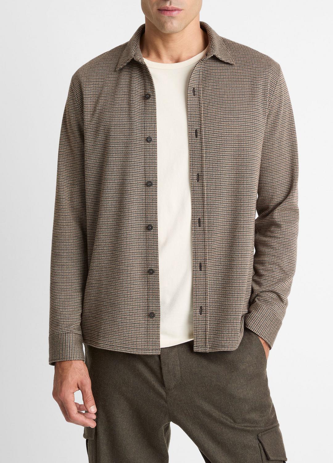 Houndstooth Cotton-Blend Button-Front Shirt in Long Sleeve