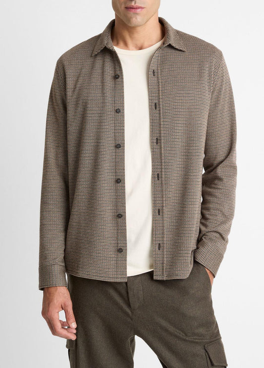 Houndstooth Cotton-Blend Button-Front Shirt in Long Sleeve