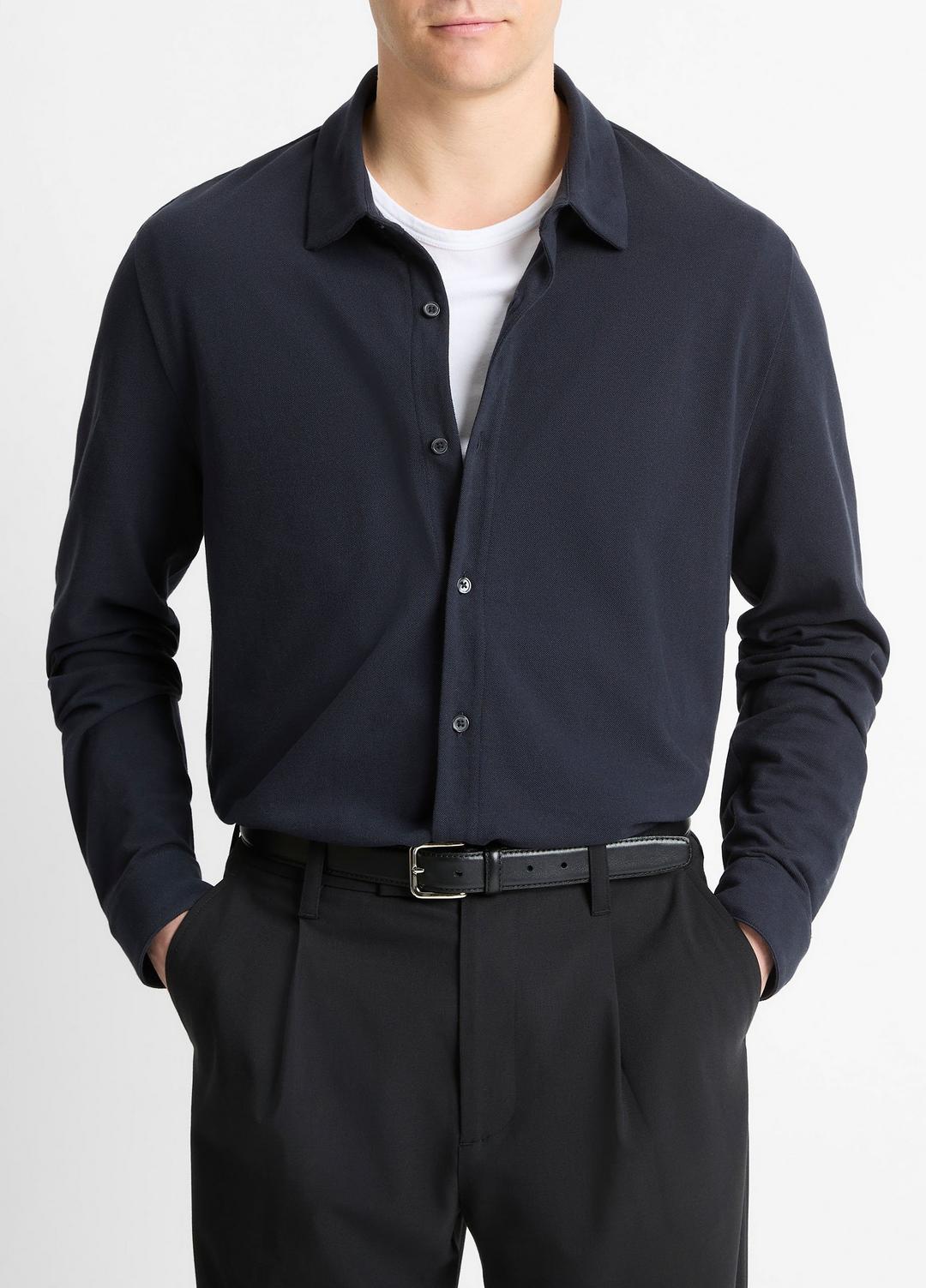 Cotton Piqué Button-Front Shirt in Long Sleeve