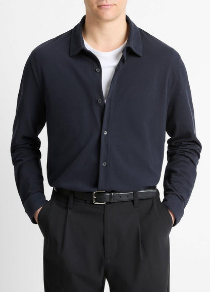 Cotton Piqué Button-Front Shirt in Long Sleeve