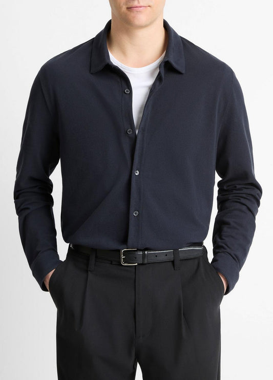 Cotton Piqué Button-Front Shirt in Long Sleeve