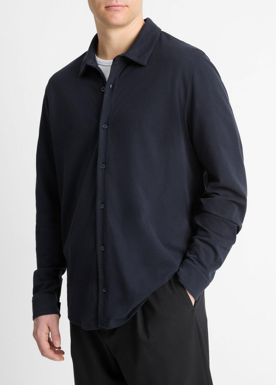 Cotton Piqué Button-Front Shirt in Long Sleeve