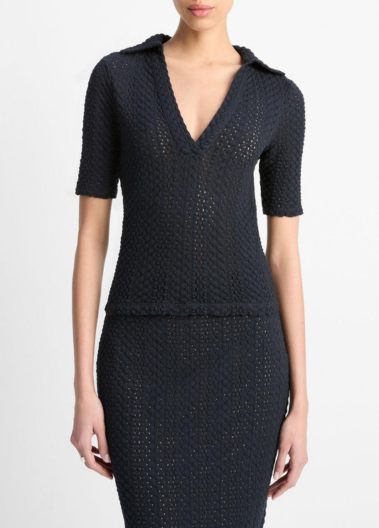 Textural Cotton Elbow-Sleeve Polo Top in Shirts & Tees