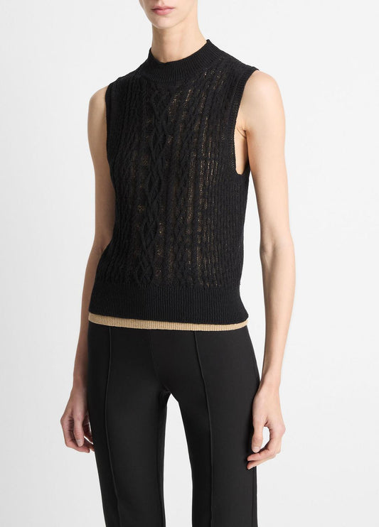 Cable Cotton-Blend Double-Layer Shell in Sweaters
