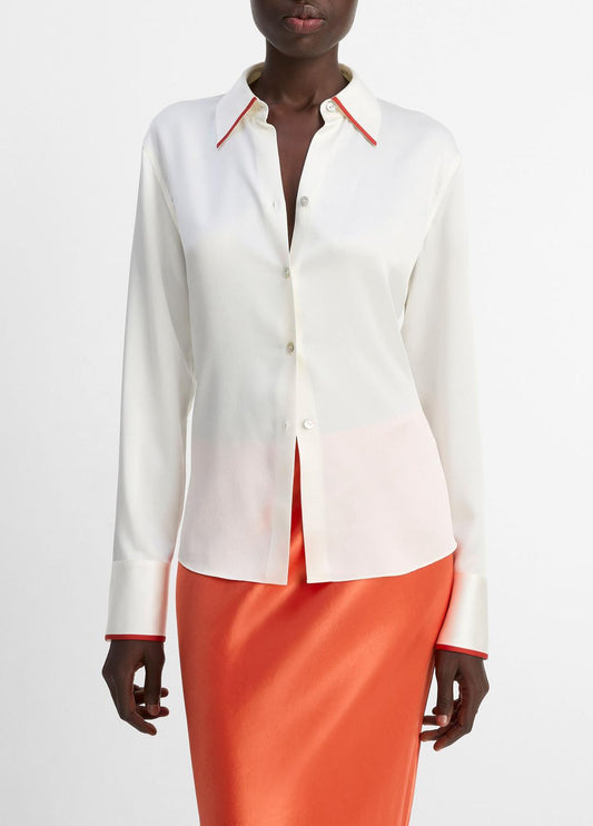 Tipped Silk Button-Front Blouse in Shirts & Tees