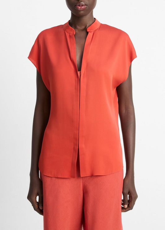 Contrast-Placket Stretch-Silk Cap-Sleeve Blouse in Shirts & Tees