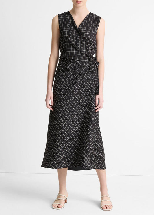Trellis Plaid Draped Sleeveless Wrap Dress in Dresses & Skirts