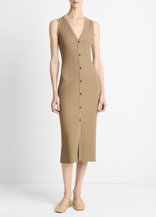Ribbed Cotton-Blend Button-Front Dress in Dresses & Skirts
