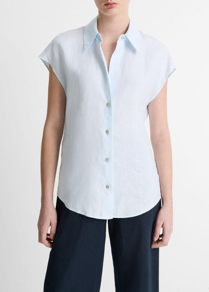 Linen Cap-Sleeve Button-Front Blouse in Shirts & Tees