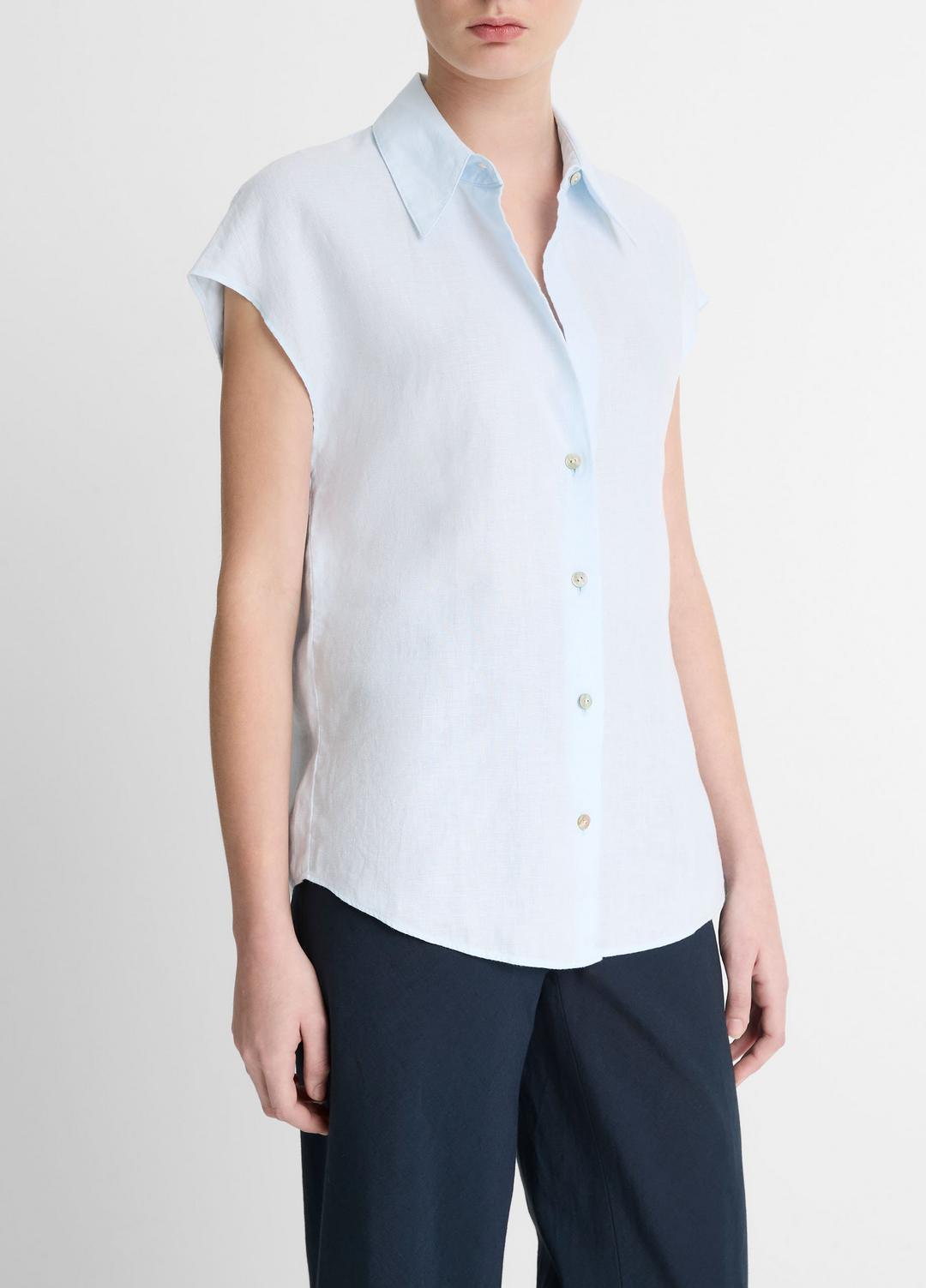 Linen Cap-Sleeve Button-Front Blouse in Shirts & Tees