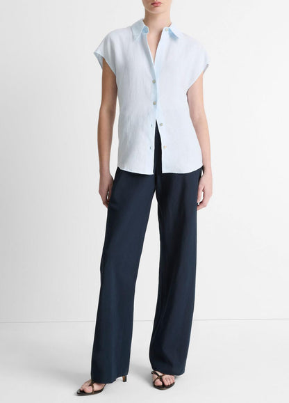 Linen Cap-Sleeve Button-Front Blouse in Shirts & Tees