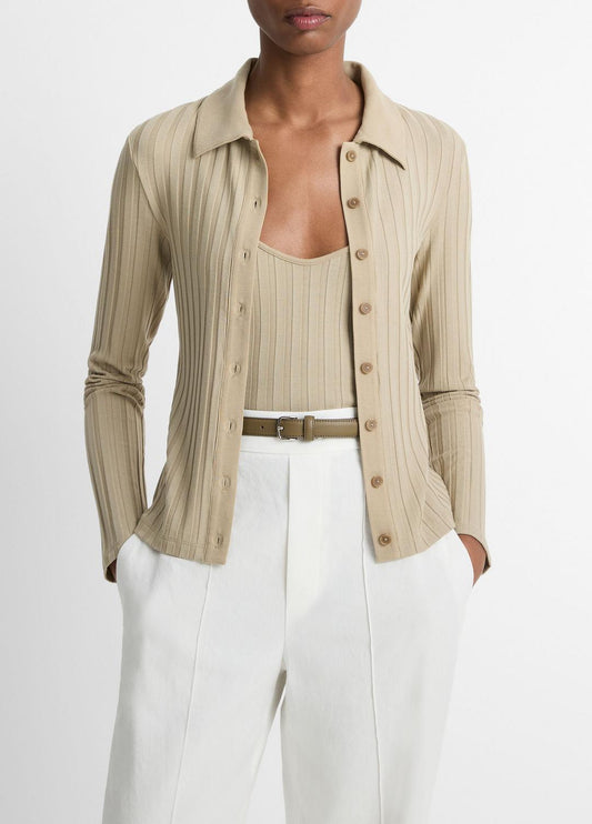 Ribbed Collared Long-Sleeve Button-Front Top in Shirts & Tees